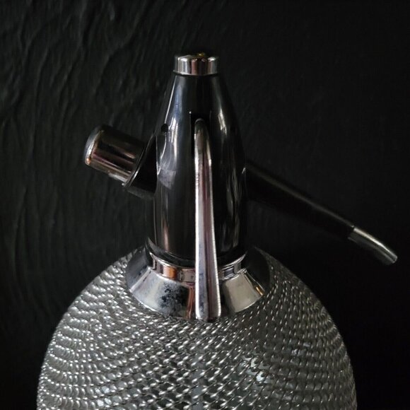 Vintage Mid Century Glass and Chain Metal Syphon Round Glass Seltzer Bottle, Vin - Picture 2 of 9